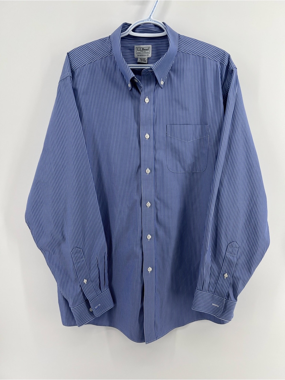 L.L.Bean 100% Cotton Traditional Fit Blue and White Stripe Button-Down Shirt 16